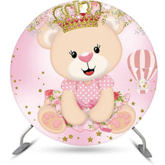 Lofaris Pink Bear Crown Floral Round Baby Shower Backdrop