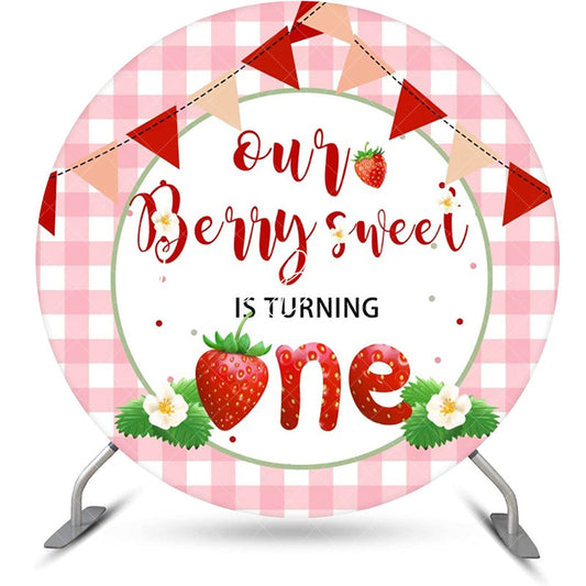 Lofaris Pink Berry Sweet Plaid Round 1st Birthday Backdrop