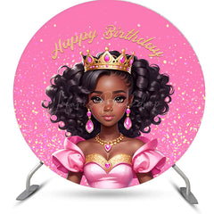 Lofaris Pink Black Princess Round Happy Birthday Backdrop