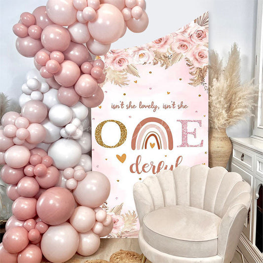 Lofaris Pink Boho 1st Birthday Concave Oblique Arch Backdrop