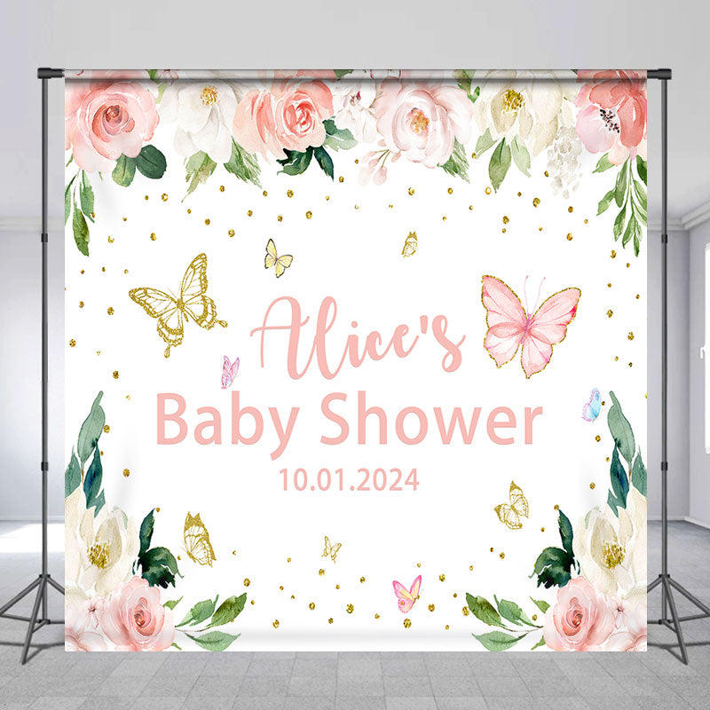Lofaris Pink Butterflies Flower Custom Baby Shower Backdrop