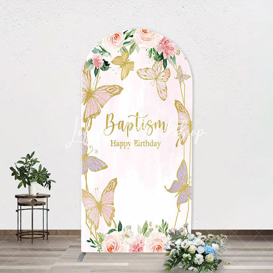 Lofaris Pink Butterfly Baptism Happy Birthday Arch Backdrop