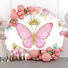 Lofaris Pink Butterfly Crown Floral Round Birthday Backdrop