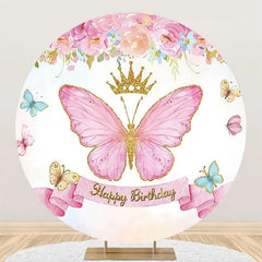 Lofaris Pink Butterfly Crown Floral Round Birthday Backdrop