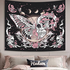 Lofaris Pink Butterfly Skull Mushroom Moon Wall Tapestry
