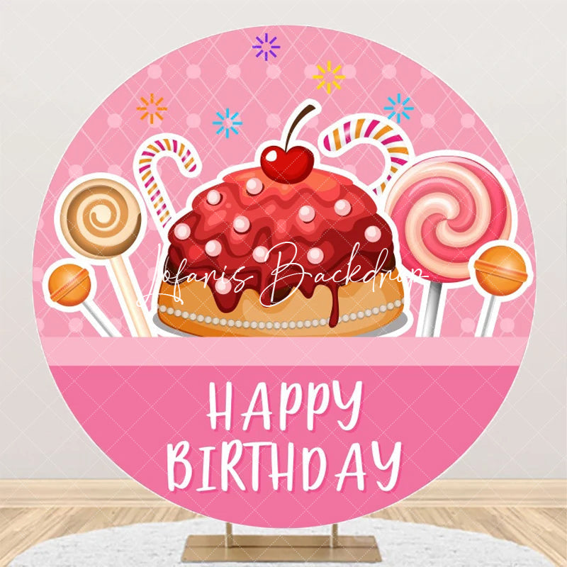Lofaris Pink Cake Candyland Round Happy Birthday Backdrop