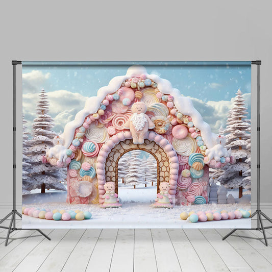 Lofaris Pink Candy House Snow Pine Trees Winter Backdrop