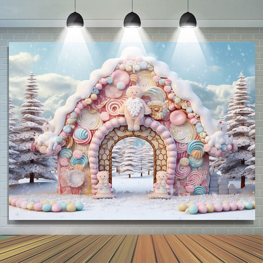 Lofaris Pink Candy House Snow Pine Trees Winter Backdrop