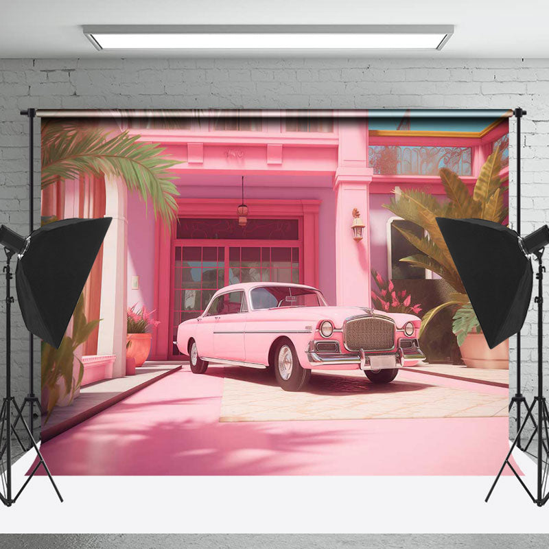 Lofaris Pink Car Luxury House Door Plants Photo Backdrop