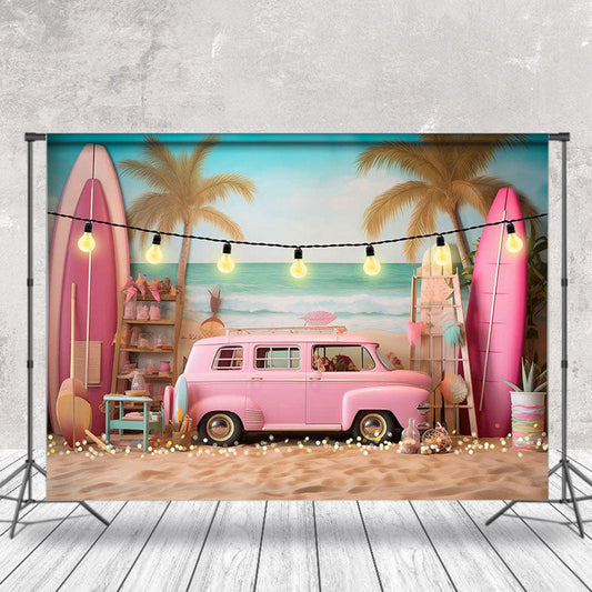 Lofaris Pink Car Surfboard Summer Beach Holiday Backdrop