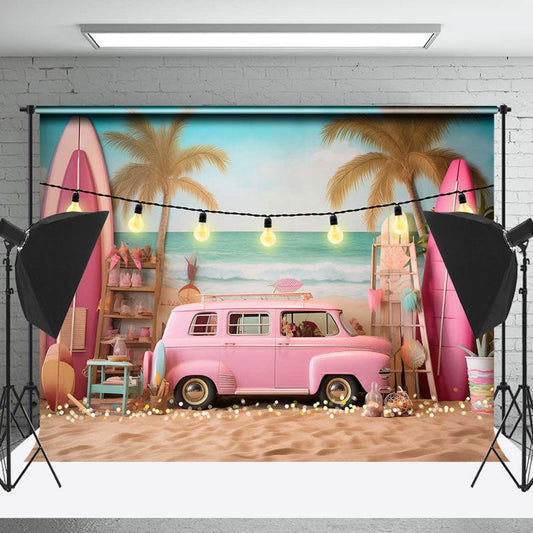 Lofaris Pink Car Surfboard Summer Beach Holiday Backdrop