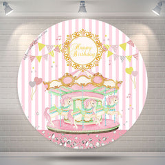 Lofaris Pink Carrousel Girls Happy Birthday Round Backdrop