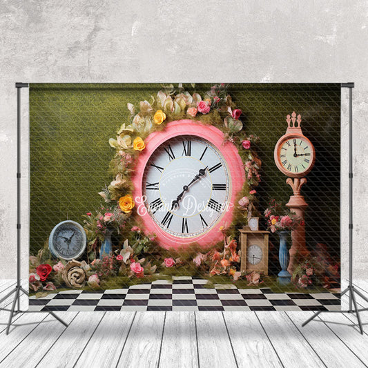 Lofaris Pink Clock Floral Green Wall Spring Photo Backdrop