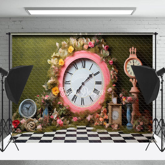 Lofaris Pink Clock Floral Green Wall Spring Photo Backdrop