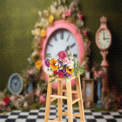 Lofaris Pink Clock Floral Green Wall Spring Photo Backdrop