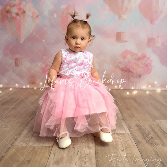 Lofaris Pink Cloud Floral Hot Air Balloon Cake Smash Backdrop