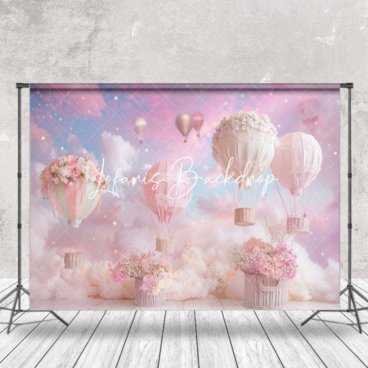 Lofaris Pink Cloud Floral Hot Air Balloon Cake Smash Backdrop