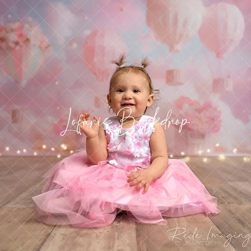 Lofaris Pink Cloud Floral Hot Air Balloon Cake Smash Backdrop
