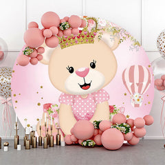 Lofaris Pink Crown Bear Floral Circle Baby Shower Backdrop