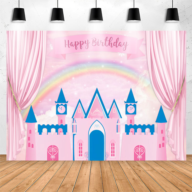 Pink Curtain Fairy Castle Roainbow Birthday Backdrop - Lofaris