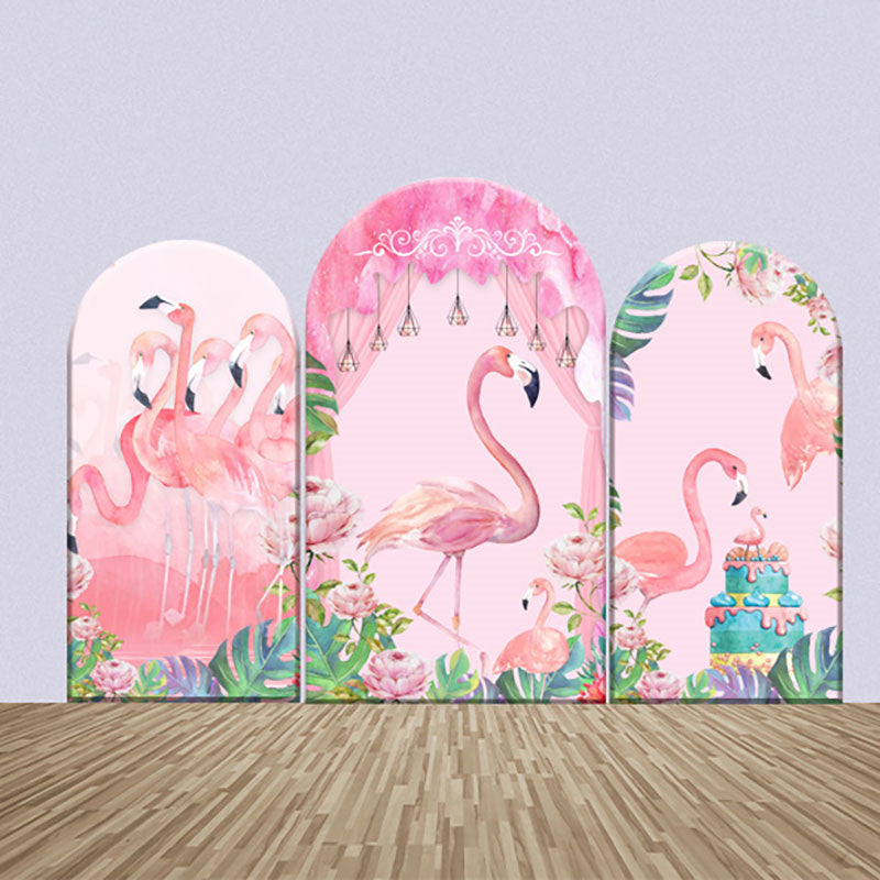 Lofaris Pink Curtain Floral Cake Flamingo Arch Backdrop Kit