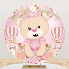 Lofaris Pink Cute Bear Floral Round Baby Shower Backdrop