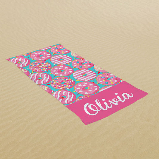 Lofaris Pink Donuts Custom Name Beach Towel for Girl