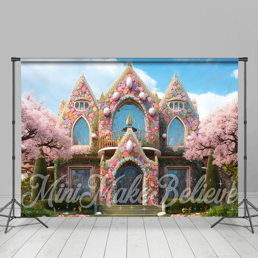 Lofaris Pink Fairy House Sakura Tree Eggs Easter Backdrop