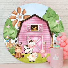 Lofaris Pink Farm Animals Brithday Round Backdrop Cover
