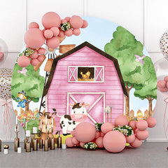 Lofaris Pink Farm Animals Brithday Round Backdrop Cover
