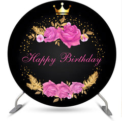 Lofaris Pink Floral Black Gold Crown Round Birthday Backdrop