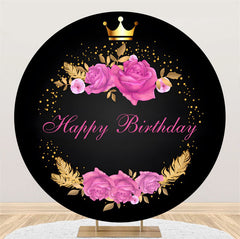 Lofaris Pink Floral Black Gold Crown Round Birthday Backdrop