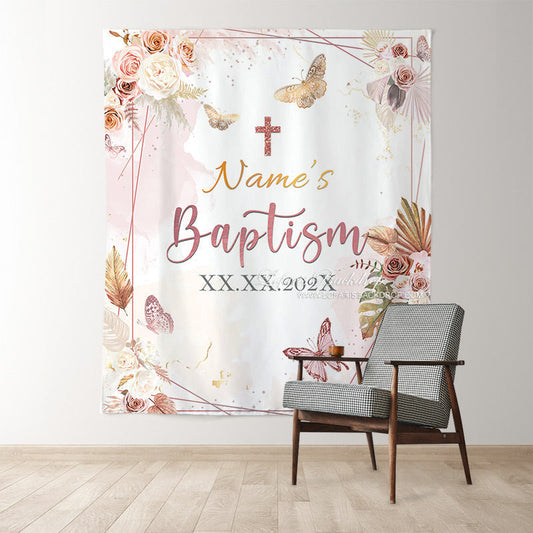 Lofaris Baby Girl Pink Floral Butterfly Baptism Decoration Backdrop