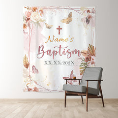 Lofaris Baby Girl Pink Floral Butterfly Baptism Decoration Backdrop