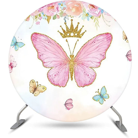 Lofaris Pink Floral Butterfly Crown Round Birthday Backdrop
