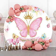 Lofaris Pink Floral Butterfly Happy Birthday Round Backdrop