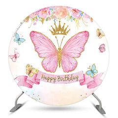 Lofaris Pink Floral Butterfly Happy Birthday Round Backdrop