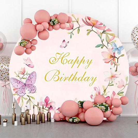 Lofaris Pink Floral Butterfly Spring Round Birthday Backdrop