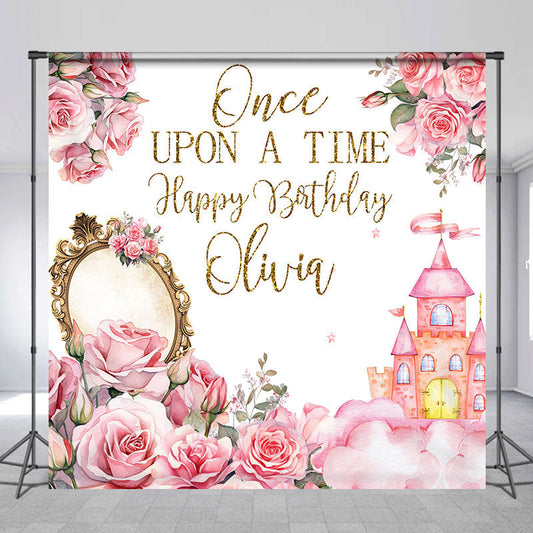 Lofaris Pink Floral Castle Mirror Custom Birthday Backdrop