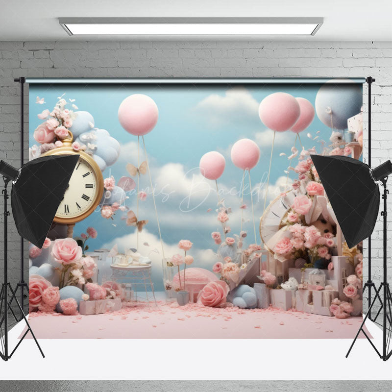 Pink Floral Clock Balloon Birthday Photo Backdrop - Lofaris