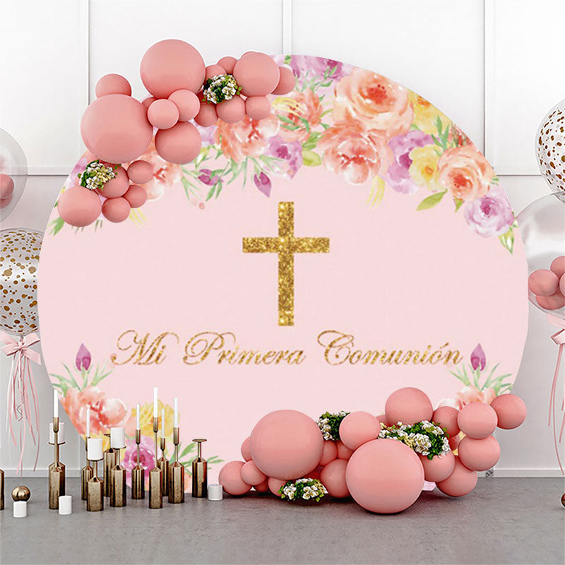 Lofaris Pink Floral Communion Cross Baptism Round Backdrop