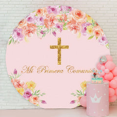 Lofaris Pink Floral Communion Cross Baptism Round Backdrop