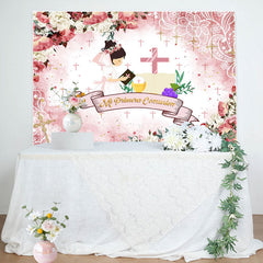 Lofaris Pink Floral Cross Pattern Baptism Backdrop For Girls