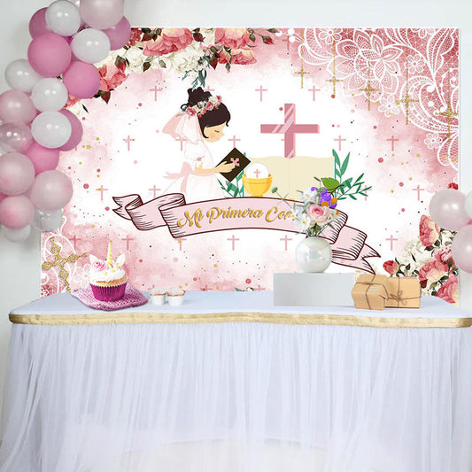 Lofaris Pink Floral Cross Pattern Baptism Backdrop For Girls