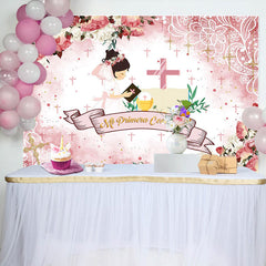 Lofaris Pink Floral Cross Pattern Baptism Backdrop For Girls