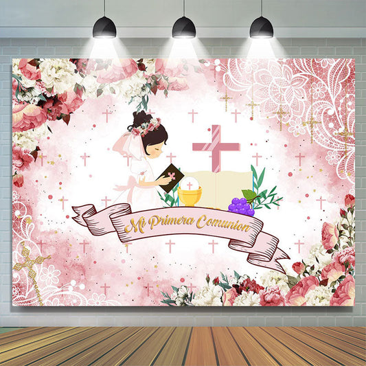 Lofaris Pink Floral Cross Pattern Baptism Backdrop For Girls