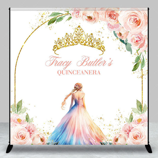 Lofaris Pink Floral Crown Custom Name Quinceanera Backdrop