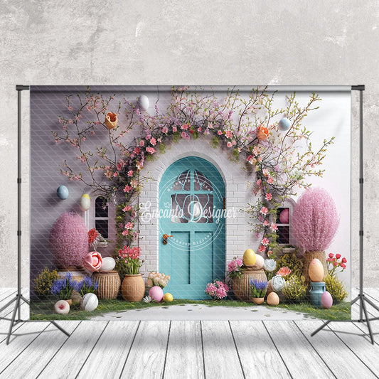 Lofaris Pink Floral Cyan Door Egg Easter Backdrop For Photo