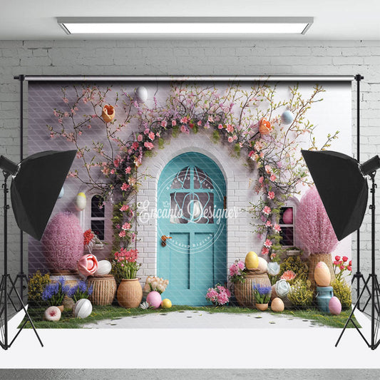 Lofaris Pink Floral Cyan Door Egg Easter Backdrop For Photo