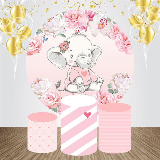 Lofaris Pink Floral Elephant Round Baby Shower Backdrop Kit